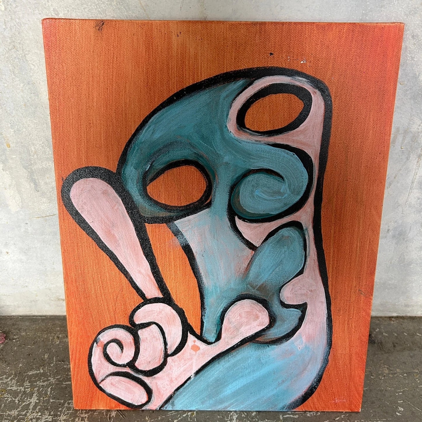 Vintage Abstract Painting – Outsider Art Portrait with Peace Sign – Mid Century Modern