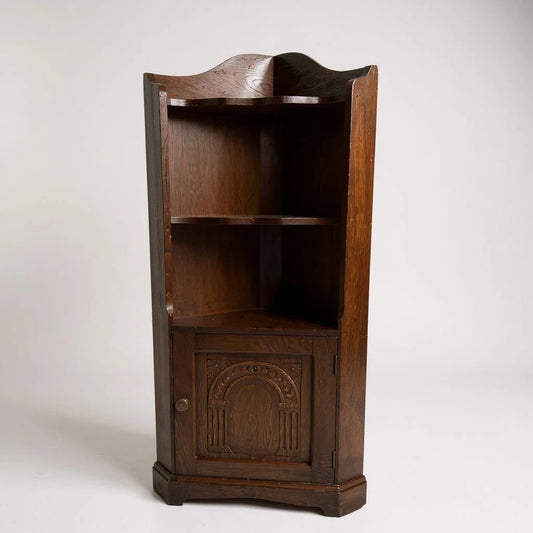 Antique Dark Oak Wood Corner Cabinet Shelving Unit