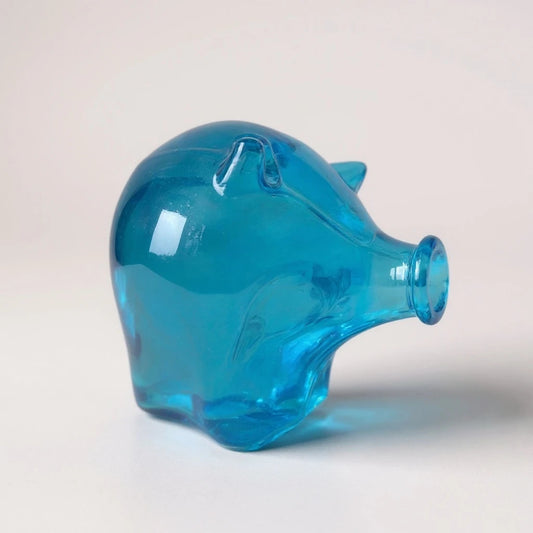 Vintage Blue Glass Piggy Bank – Mid Century Modern Animal Figurine