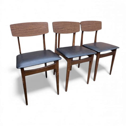 Set of 3 Mid Century Dining Chairs by Legate | Vintage Formica & Black Vinyl Chairs