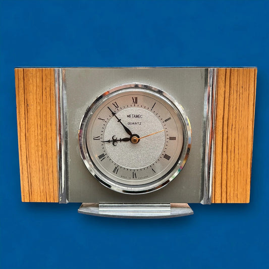 Mid Century Metamec Teak and Brass Mantle Clock