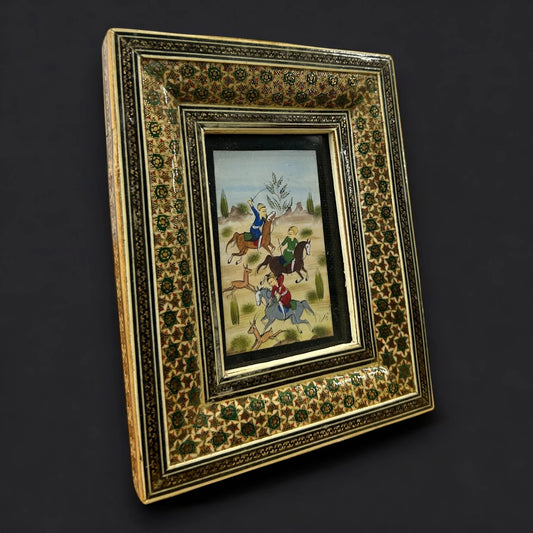 Vintage 1960s Persian Khatam Mosaic Framed Miniature Watercolour Painting