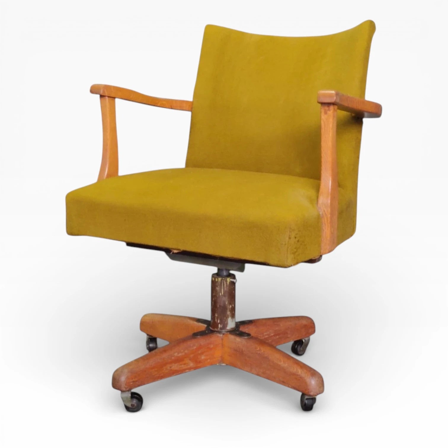 Vintage Swivel Desk Chair - Solid Oak Frame, Mustard Yellow Upholstery, Compact Design