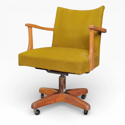 Vintage Swivel Desk Chair - Solid Oak Frame, Mustard Yellow Upholstery, Compact Design