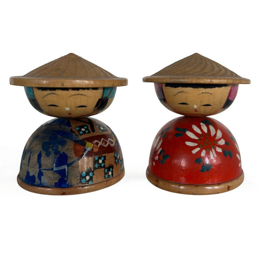 Mid Century Pair of Carved Wood Japanese Kokeshi Dolls