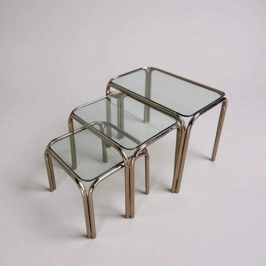 Mid Century Modern Smoked Glass and Chrome Nest of Tables