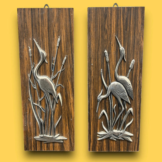 Mid Century Pair of Brass Crane Wood Plaques