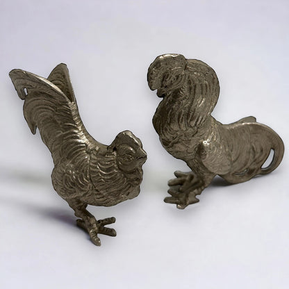 Mid Century Silver Fighting Roosters Sculptures