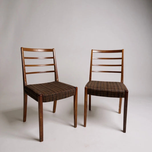 Pair of Vintage Danish Dining Chairs – Mid Century Modern Ladder Back Chairs with Plaid Upholstery