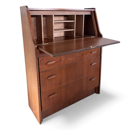 Mid Century Teak Bureau – Danish Modern Desk With Teak Wood Drawers & Drop Front