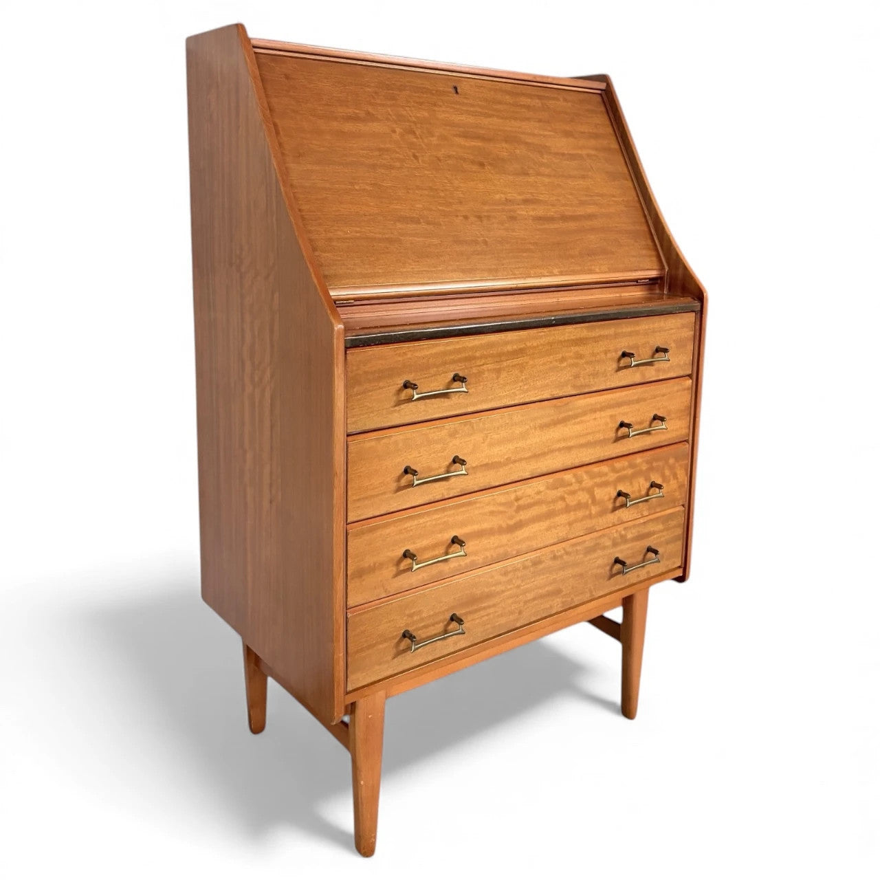 Mid Century Teak Bureau – Vintage Writing Desk With Fall Front Bureau & Drawers