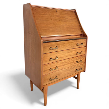 Mid Century Teak Bureau – Vintage Writing Desk With Fall Front Bureau & Drawers