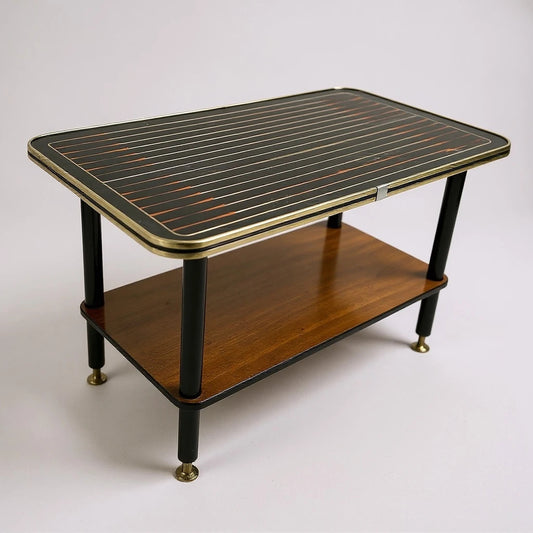 Mid-Century Formica Coffee Table with Brass Feet & Walnut Shelf, 1960s Retro