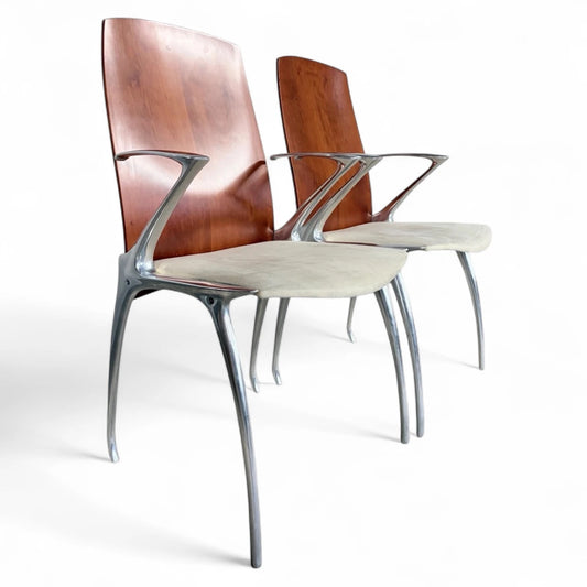 Pair of Japanese ‘Blade Runner’ Sculptural Chairs – Aluminium & Wood Futuristic Design