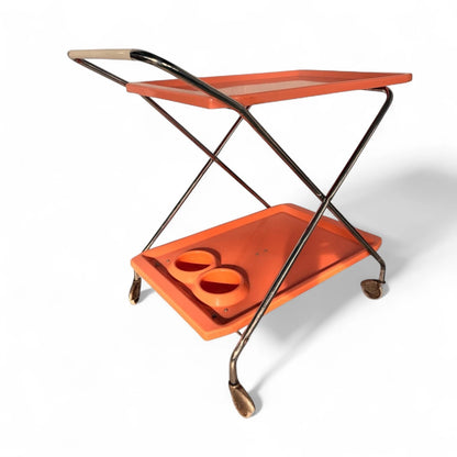 Vintage 1970s Italian Orange & Chrome Drinks Trolley