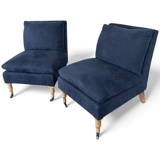 Upholstered Lounge Chairs – Pair of Navy Blue Classic Fabric Armchairs with Wooden Legs