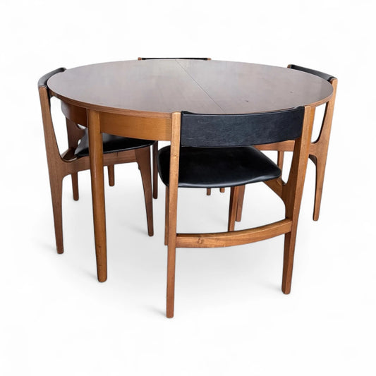 Mid-Century Nathan Teak Dining Table & 4 Chairs | Extendable Round to Oval Table