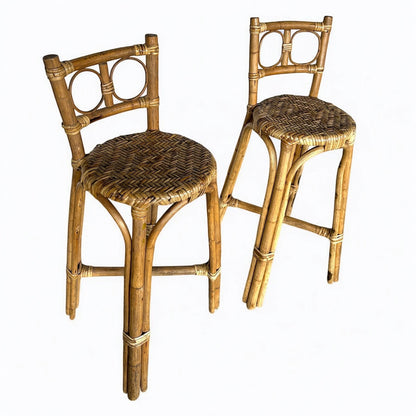 Mid Century Modern Bamboo Rattan Pair of Bar Stools
