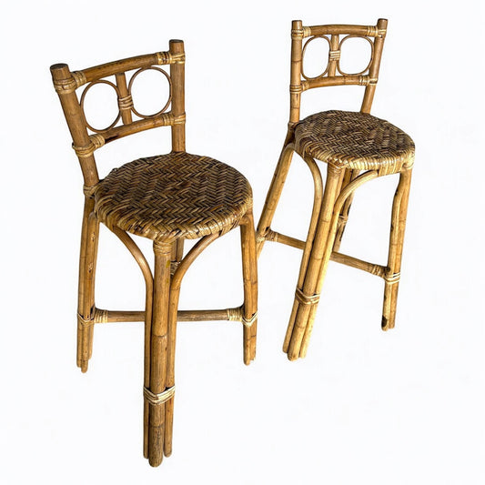 Mid Century Modern Bamboo Rattan Pair of Bar Stools