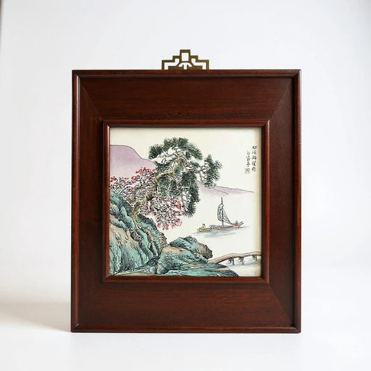Vintage Chinese Hand-Painted Porcelain Tile Plaque in Rosewood Frame