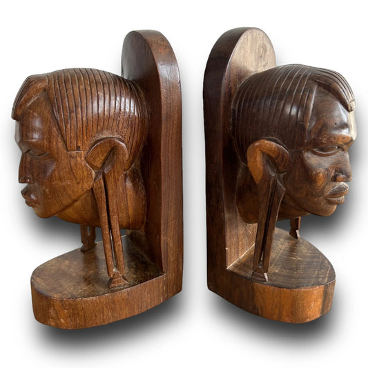 Mid Century Carved Wood African Bookends