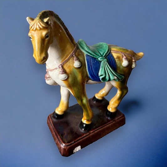 Vintage 1970s Tang Dynasty Style War Horse Ceramic Figurine