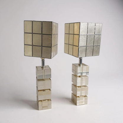 Pair of Mid Century Modern Glass Cube & Chrome Table Lamps