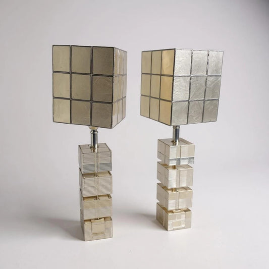 Pair of Mid Century Modern Glass Cube & Chrome Table Lamps