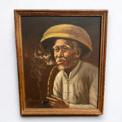 Vintage 1970s Chinese Old Man Oil Painting