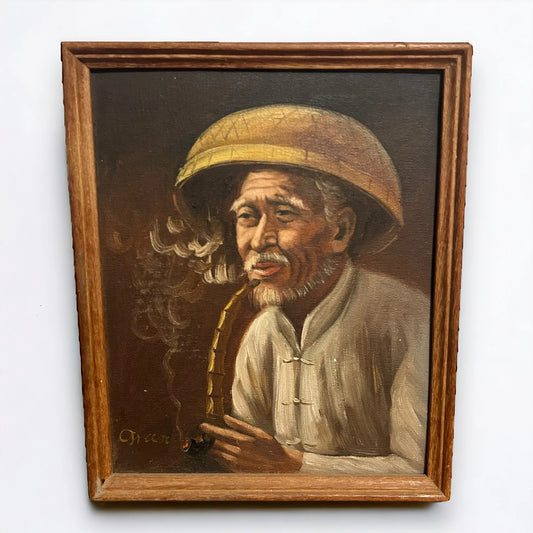 Vintage 1970s Chinese Old Man Oil Painting