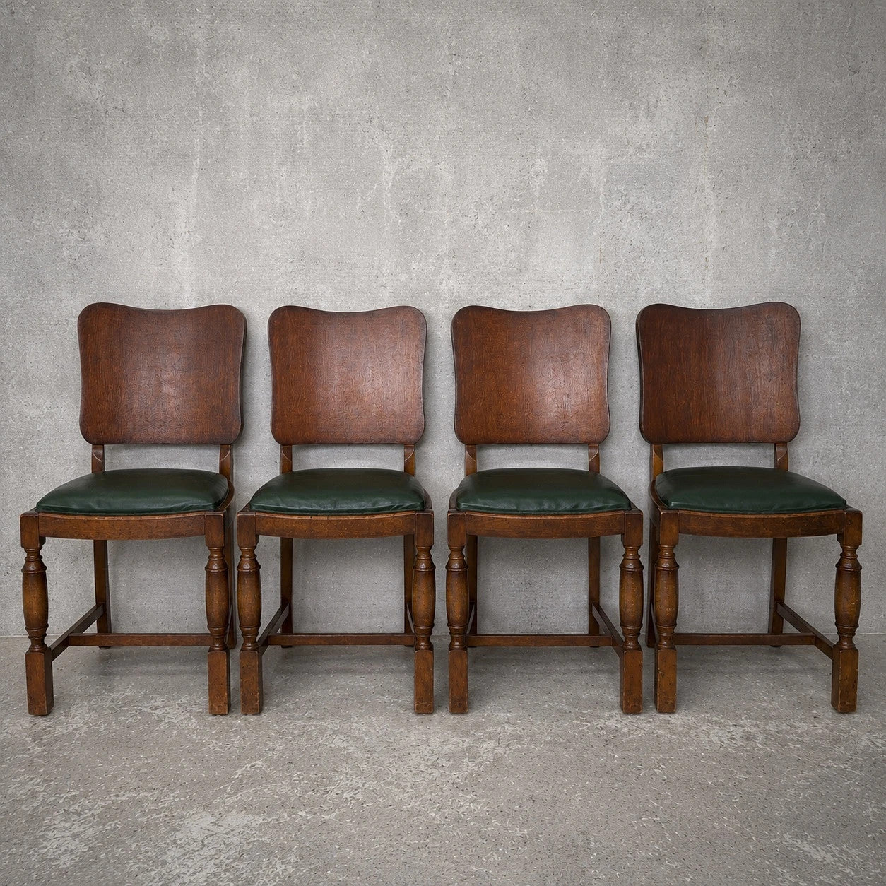 Arts & Crafts Art Deco Oak Dining Chairs – Set of Four with Green Vinyl Seats