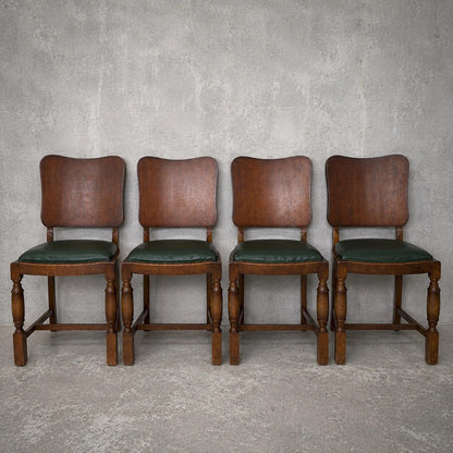 Arts & Crafts Art Deco Oak Dining Chairs – Set of Four with Green Vinyl Seats