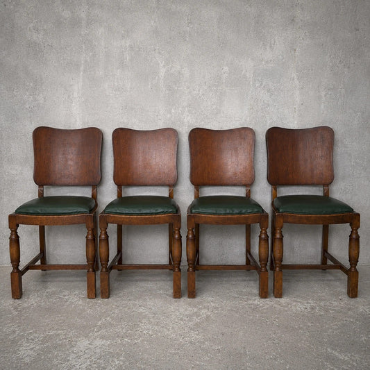 Arts & Crafts Art Deco Oak Dining Chairs – Set of Four with Green Vinyl Seats