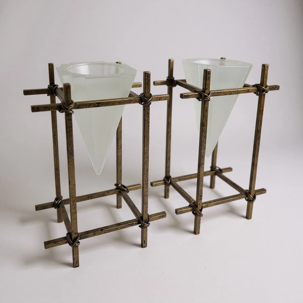 Pair of French Brass & Frosted Glass Candle Holders – Mid Century Modern Geometric Votive Stands