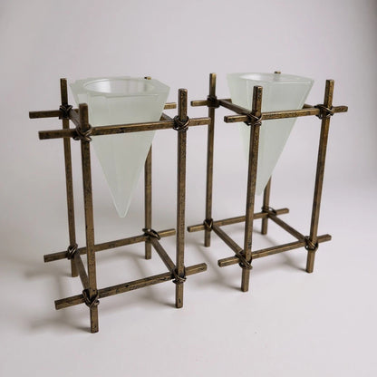 Pair of French Brass & Frosted Glass Candle Holders – Mid Century Modern Geometric Votive Stands