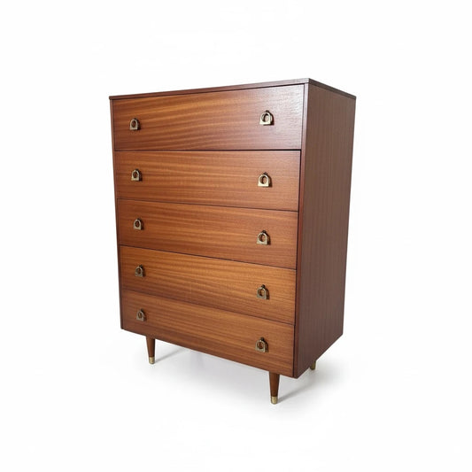 Mid-Century Chest Drawers | Tallboy Dresser with Brass Handles & Teak Veneer
