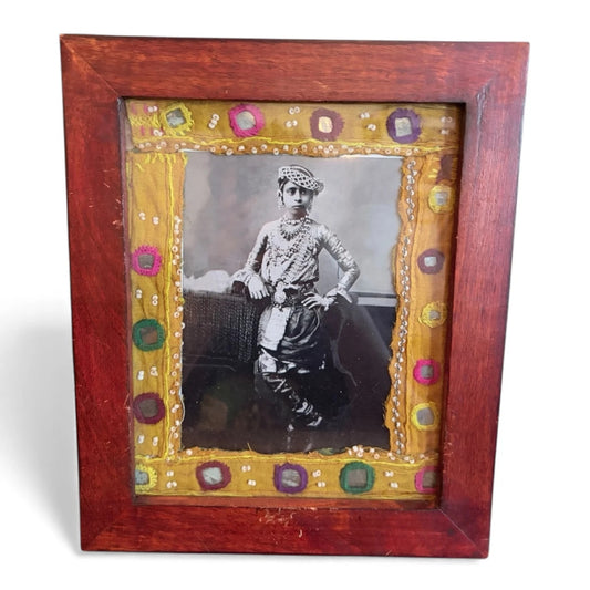 Framed Mughal Portrait with Embroidered Textile Mount – Vintage Indian Decorative Artwork