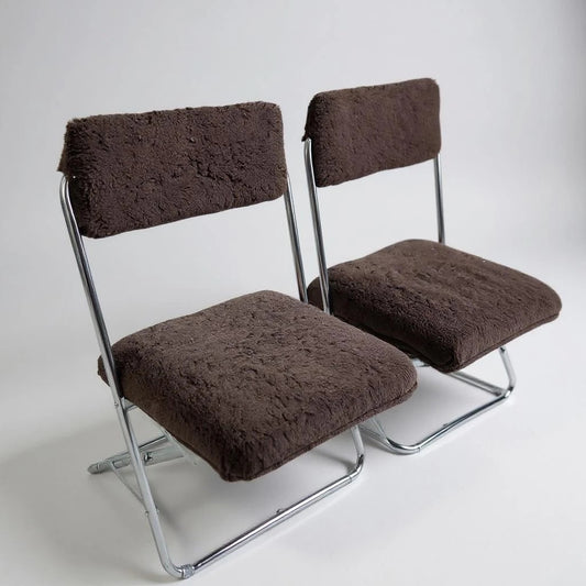 Mid Century Modern Pair of Chocolate Brown and Chrome Space Age Folding Chairs