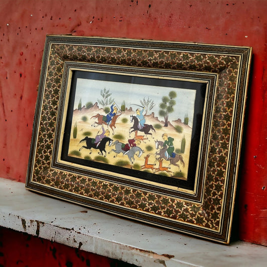 Vintage 1960s Persian Khatam Mosaic Watercolour Framed Painting