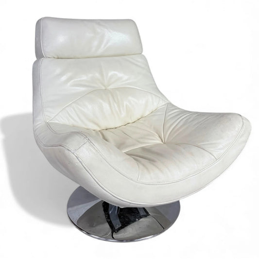 Vintage White Leather Swivel Lounge Chair – 1970s Modernist Armchair