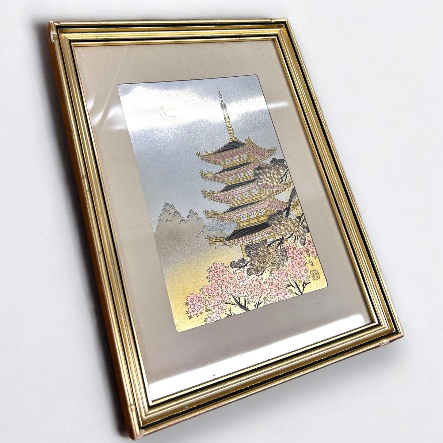Vintage 1960s Japanese pagoda gold foil painting