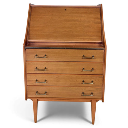 Mid Century Teak Bureau – Vintage Writing Desk With Fall Front Bureau & Drawers — view 2