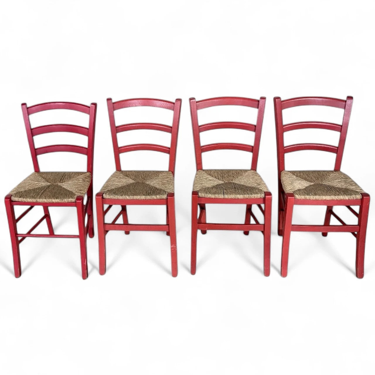 Set of Four Italian Red Oak Ladderback Chairs with Rush Seats