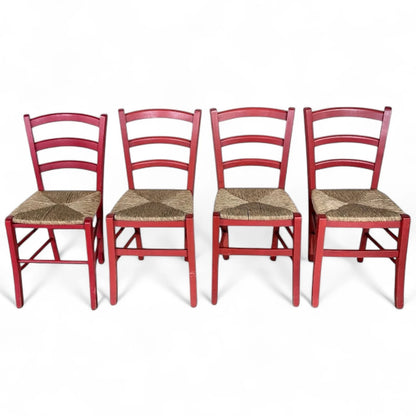Set of Four Italian Red Oak Ladderback Chairs with Rush Seats