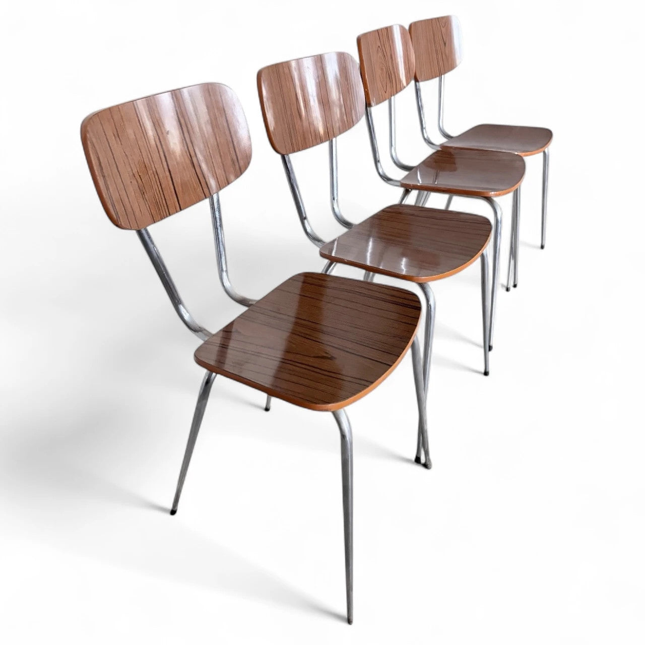 Set of Four Brown Formica Dining Chairs | Mid-Century Modern | Chrome Legs