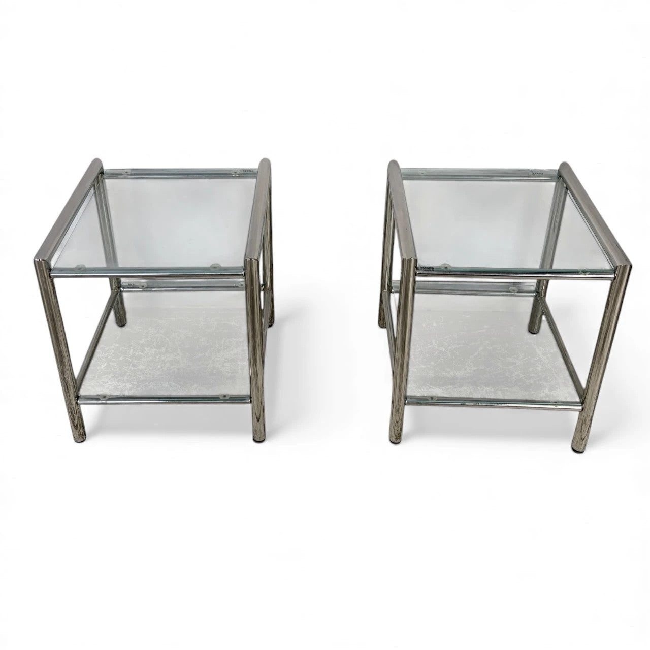 Chrome Glass Bedside Tables – Mid Century Modern Square Two Tier Nightstands