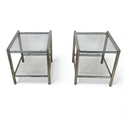 Chrome Glass Bedside Tables – Mid Century Modern Square Two Tier Nightstands