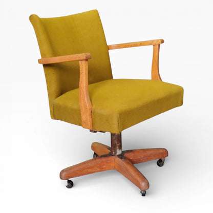 Vintage Swivel Desk Chair - Solid Oak Frame, Mustard Yellow Upholstery, Compact Design — view 2