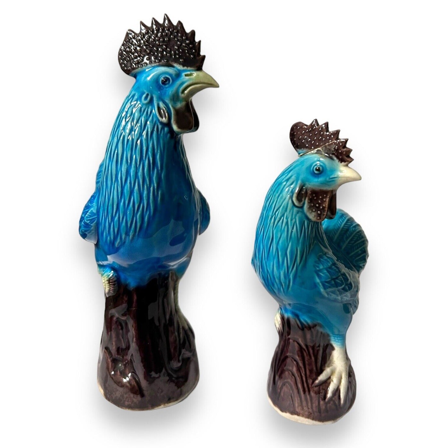 Pair of Antique Vintage Chinese Blue Glazed Porcelain Cockerels Roosters