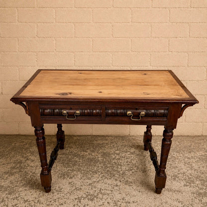 Vintage Pine & Mahogany Console Table with Brass Handle Drawers